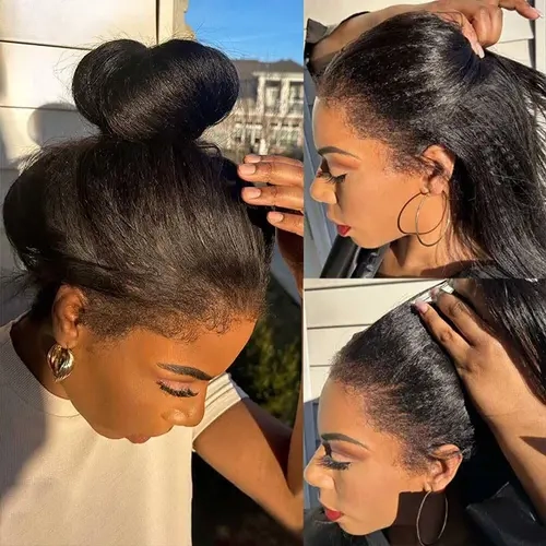 【4c Kinky Straight】Glueless 4C Kinky Edge Hairline Kinky Straight Human Hair Wigs Pre Cut Lace 8x5 13x4 360 HD Lace Frontal Wigs 250% Density