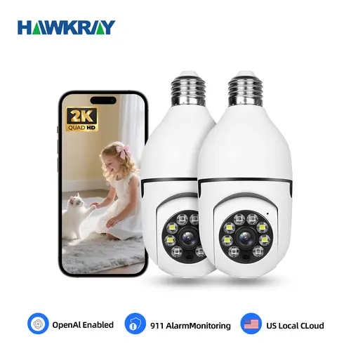 Hawkray Socket-Powered Wireless Security Bulb Camera - 0.25kg Smart Home Gadget, AI Surveillance, 911 Alarm, Day & Night Full Color, 2-Way Audio, Motion Sensor, Tracking, QR Code Installation, Family Safety (1Pc/2Pc), Wireless Security Cameras