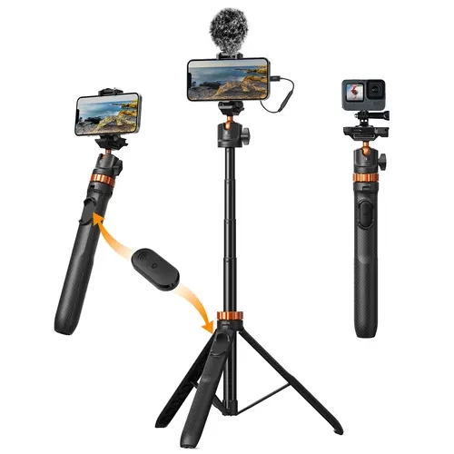 K&F CONCEPT Selfie Stick Tripod 2-in-1 Phone & Camera Stand - Adjustable 7-Section Height to 1.59m, Built-in Bluetooth Remote, 360° Rotatable Ball Head, Foldable Compact for Travel, Vlogging, Live Streaming