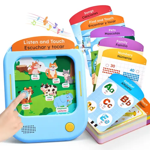JoyCat Bilingual Unisex Toddler Learning Tablet with 106 Spanish-English Talking Flashcards, 20 Games, Touch-Tap Learning, Montessori Language Toy, Battery-Powered Autism-Friendly Gift for Ages 2-6, Animal-Themed Christmas Gift Ideas for Kids