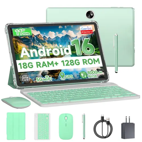 T606 11-inch Ultra-Thin Android Tablet (4GB Physical RAM, 128GB ROM/1TB Expandable), Octa-Core, 5MP Front/13MP Rear Cameras, 8000mAh Battery, Bluetooth 5.0, with Keyboard, Mouse, Stylus, Case, 1×Type-C Charging Cable - Ideal for Students, Work