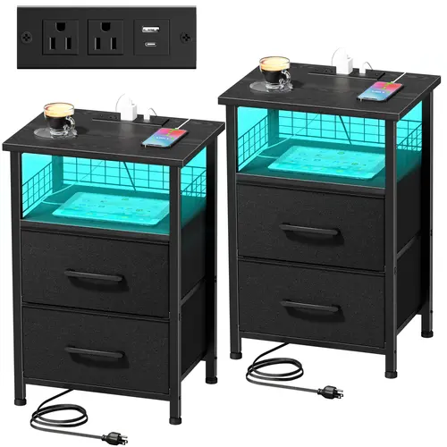 LAKEMID 2-Piece Modern Nightstand Set - Nightstand for Bedroom, Modern Night Stands, Bedside Table Cabinet, 2-Drawer Storage, Charging Station, LED Mood Lighting, AC Outlets, 25kg Capacity, Assembly Required, Indoor Furniture for Apartment Decor