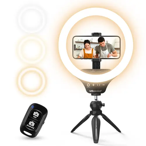 UBeesize 10" Compact Dimmable Wireless LED Selfie Ring Light with Touch Controls - Portable, Adjustable, Durable Tripod, Bluetooth Remote, Cellphone Clip, Smartphone Mobile Phone Accessories for Content Creators (iPhone, Android)