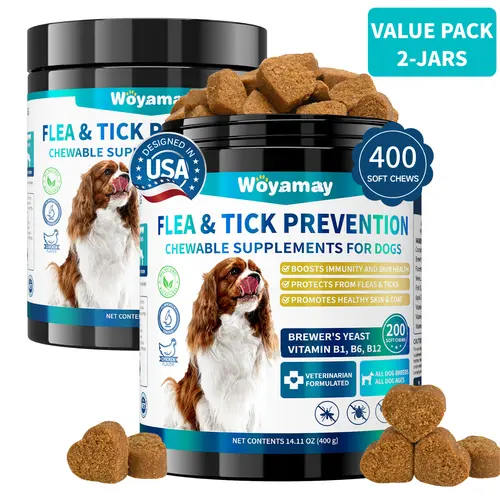 Woyamay Natural Flea & Tick Prevention Chewables (200 Chews) - Chicken-Flavored, for Small/Extra Small Dogs & Puppies, Chemical-Free, Coconut+Flax Blend, Natural Fish Oil, Brewer’s Yeast, Vitamins, Shiny Coat Support, Boosts Immunity & Skin Health