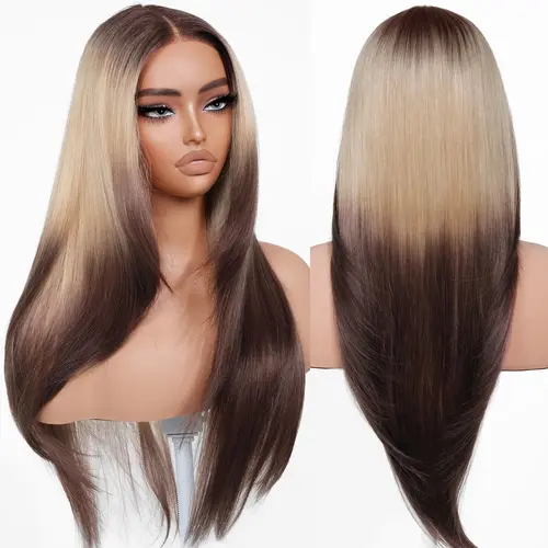 BrownBomb 26in T-Lace Frontal Synthetic Wig for Women - Glueless, Pre-Cut, Pre-Plucked, Face-Framing, Perfect Middle Part, Heat-Resistant Fiber, Realistic, Affordable, Wear and Go, for Daily Wear, Birthday, Lace Frontal Wig