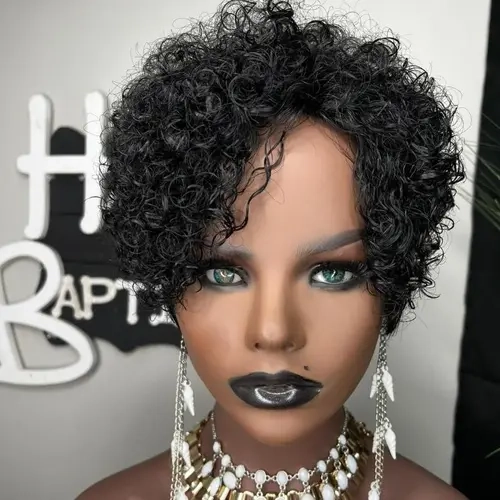 ShowRealHair 071 Glueless Pixie Wig Pixie Cut Wig Human Hair Short Curly Wigs Short Curly Bob Wigs for Women Full and Fluffy Machine Made Wig Human Hair Pixie Cut Glueless Hair Replacement Wig Black Color