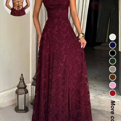 Sexy Backless Sleeveless Lace Pattern Long Dress, Plain Fitted Design, Elegant Formal Style, Formal Wear, Perfect for Parties and Events, Women's Fashion