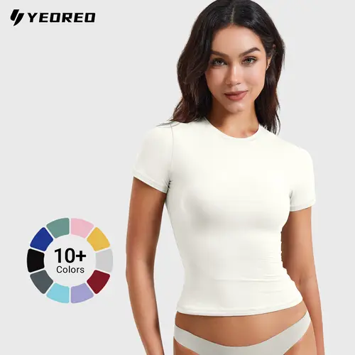 YEOREO Ease Women Fitted Workout Tops T Shirts, Short Sleeve, Double Lined, Basic, Y2K, Crew Neck, Buttery Soft,Compression Crop