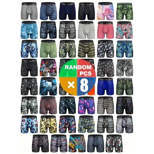 KJFISTMU Men's 8pcs/Set Random Digital Print Athletic Boxer Briefs - Menswear Workout Underwear with Breathable Fabric, Anti-Chafing, Stretch Boxer Shorts Fit