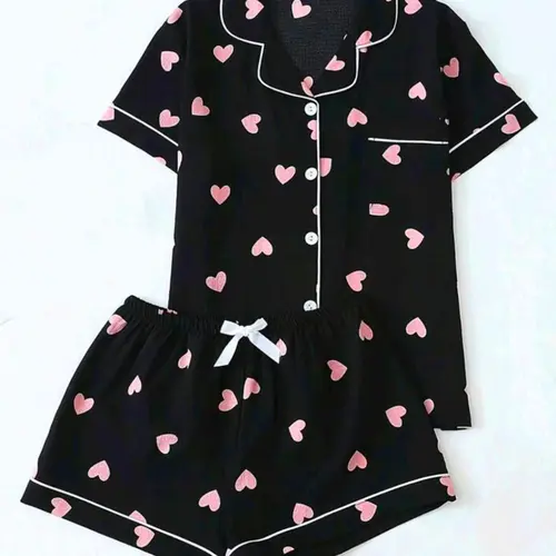 Women's Heart Print Short Sleeve Shirt & Elastic Waist Shorts Pyjama Two-piece Set, Casual Comfy Top & Shorts PJ Set, Ladies Sleepwear for All Seasons Pajamas Loungewear