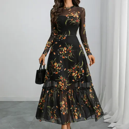 【Black Friday】Elegant Floral Print Long Sleeve Contrast Mesh Dress, Women's Fashionable Clothing for Autumn & Winter