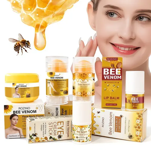 ROZINO 5-Piece Bee-Infused Honey Skincare Set - Eye Stick, Lip Balm, Face & Neck Cream, Hand & Foot Balm with Natural Extracts, Smoother Daily Use Products for Gentle Hydration, Anti-Wrinkle Support, Collagen Production Boost