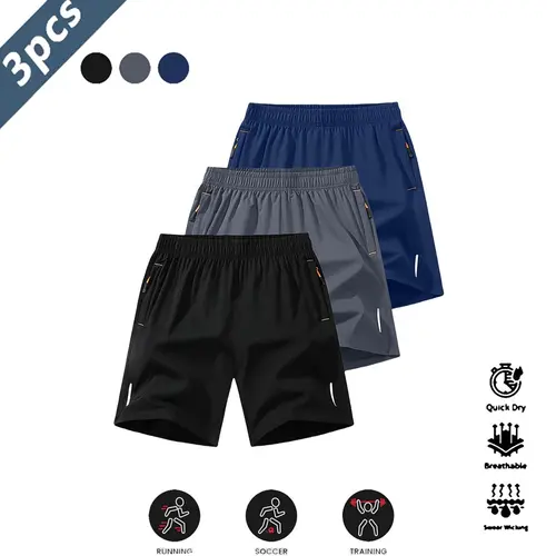 Men's 3-Pack Quick-Dry 100% Polyester Solid Anti-Wrinkle Reflective Stripe Fitted Above-the-Knee Running & Fitness Training Shorts