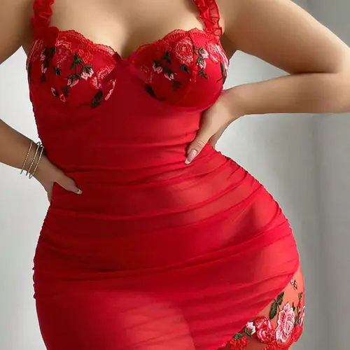 Plus Size Women's Sexy Pajama Set, Rose Embroidery, Semi-Transparent, Fitted, Casual, All Seasons, Romantic Valentine's Gift