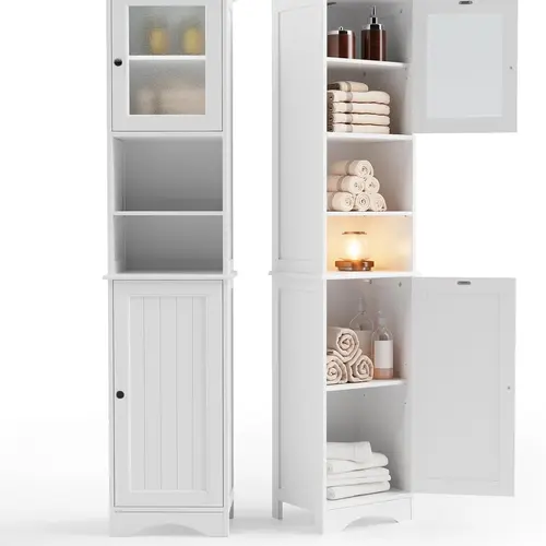 Gizoon 67.1" Narrow Tall Mid-Century Modern Multifunctional Storage Cabinet - Freestanding Floor Linen Tower with Adjustable/Open Shelves, 2-Way Magnetic Close Doors, Anti-Tip Base, Engineered Wood+Glass, Home Decor, Assembly Required, Bathroom Use