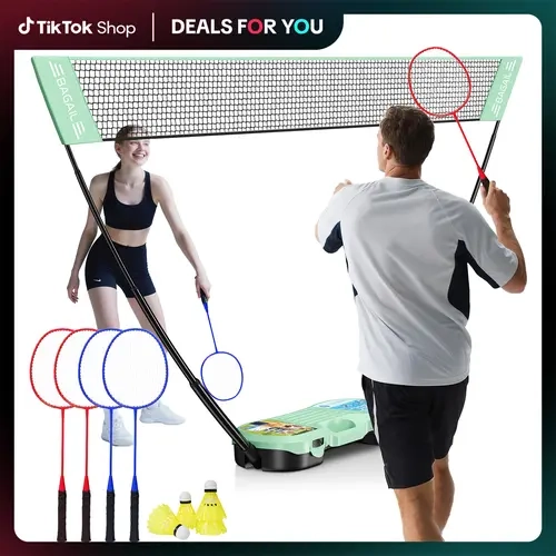 【BackToSchool】BAGAIL Portable Badminton Net Set - Storage Case - Freestanding Base - Quick Setup - Pop Up Badminton Net with 4 Rackets, 4 Shuttlecocks for Indoor & Outdoor Games, Backyard Family Fun