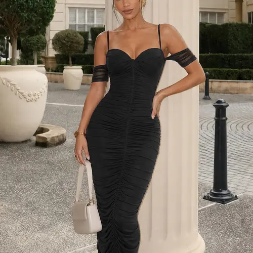 CurvySweet Liora Women's Off-Shoulder Knit Bodycon Dress - Adjustable Cross-Back Straps, Split Design, Breathable Acrylic-Elastane Fabric, Built-in Shapewear & Bra Support, Classy Fit Birthday/Night Out Formal Dress (574)