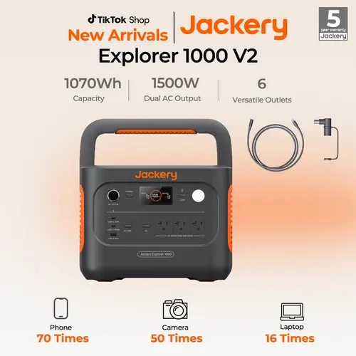 Jackery Explorer 1000 v2 Portable Power Station and Extension Cable,1070Wh LiFePO4 Battery,1500W AC/100W USB-C Output, 1 Hr Fast Charge, Solar Generator for Camping,Emergency (Solar Panel Optional)