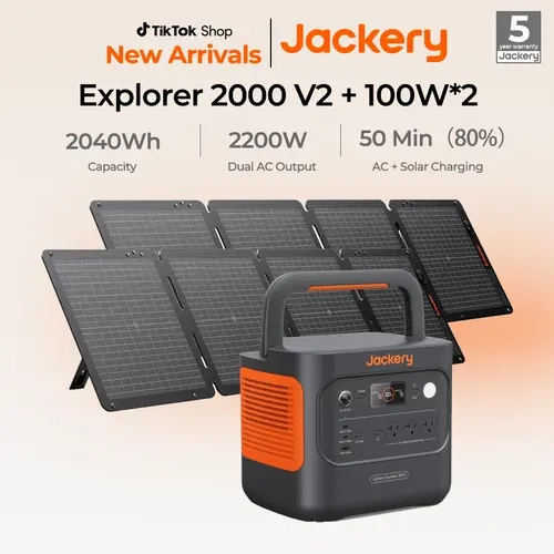 Jackery Explorer 2000 v2 Portable Power Station with 2x100W Solar Panels, 2042Wh LiFePo4 Battery, 2200W Solar Generator, 20ms UPS, USB-C PD 100W Fast Charging for Power Outages, Emergencies, Camping