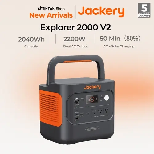 Jackery Explorer 2000 v2 Portable Power Station, 2042Wh LiFePO4 Home Backup Battery, 2200W Solar Generator, USB-C PD 100W Fast Charging for Emergencies, Power Outages, Camping(Solar Panel Optional)