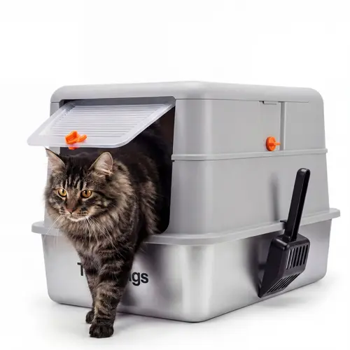 Topyangs XL Stainless Steel Lidded Litter Box Enclosure - Sturdy Closed Box for Small to Medium Cats, High Sides, Splash-Proof, Non-Stick Surface, Quick Clean, Indoor Use, Single Unit