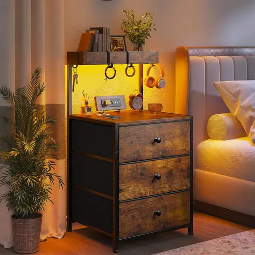 Raybee Soft LED Nightstand Set of 2 - Modern Black Bedside Cabinet with 3 Fabric Drawers, Shelf, 4-Hook Storage, Power Outlet, Charging Station - Tall Bedroom End Table for Bedroom Items (White, Rustic Brown Available)