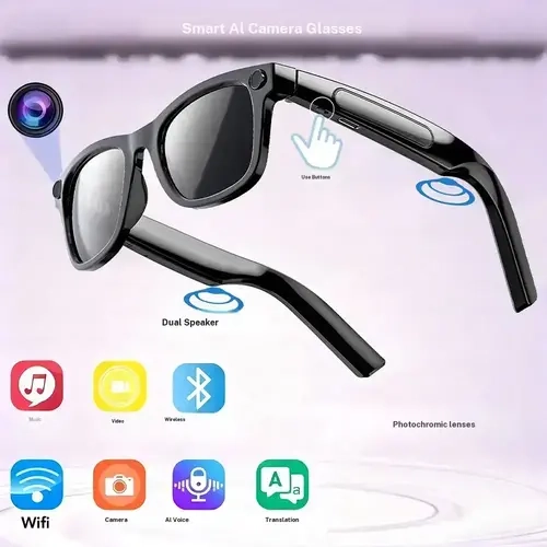 Smart Glasses with AI Camera, 8MP Light-Sensitive Lenses, Button and Touch Controls, Bluetooth, Real-Time Translation, Video Recording, Protection