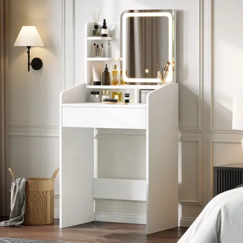Dowinx Small Vanity Desk with Mirror and Lights, Makeup Vanity with Drawer & Storage Shelves, Makeup Desk with 3 Lighting Modes & Adjustable Brightness, Dressing Table for Women Girls Bedroom