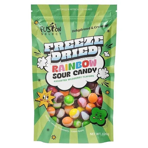 Fusion Select Rainbow Bean Candy - Assorted Freeze Dried Sour Flavors - Dehydrated Crunchy Colorful Treats for Kids & Adults - 120g Resealable Pouch