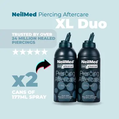 NeilMed Piercing Aftercare Spray XL Duo Pack - 2x 177ml Sterile Saline Fine Mist Bottles, Premium Gentle Healing for Piercings & Tattoos, No-Mess Cleanser & Moisturizer Natural Treatment, Bottle