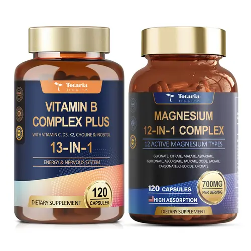 Totaria Health Vitamin B Complex Plus & Magnesium 12-in-1 Complex 13 Vitamins Bundle for Energy Stress Relief & Mental Clarity Vegan Capsules Duo