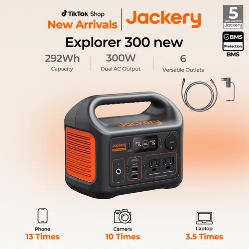 Jackery Explorer 300 Portable Power Station with 5m Extension Cord, 292Wh Backup Lithium Battery, Solar Generator for Outdoors Camping, Travel, Hunting, Blackout