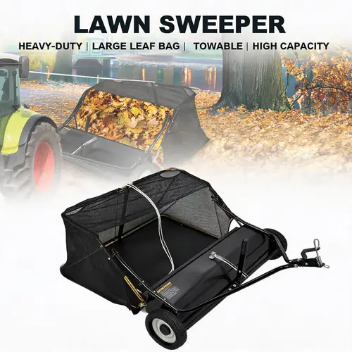【GARVEE】48" Wide Sweep Tractor-Tow Ready Lawn Sweeper (42"-50" Adjustable), Durable Gardening Tools, Manual Push Nylon Sweeper with 70 lbs Capacity, Adjustable Height, Dumping Rope, Foldable Storage for Sidewalks/Yards/Gardens Leaf & Grass Collection