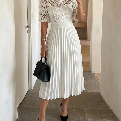 CHICME Puff Sleeve Lace Party Dress  Stand Collar Hollow-out Zipper Back Pleated Party Dress for Wedding Guest & Wedding