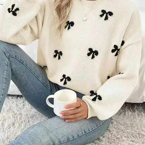 Elegant Bow Pattern Knit Pullover Sweater, Fitted Chic Long Sleeve Round Neck Casual Top for Fall & Winter, Women's Fashion Daily Wear