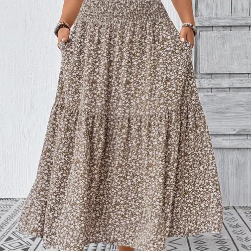 Women's Plus Size Flattering High Waist Floral Long Skirt, Comfort, Lightweight, Boho, Bohemian, Elegance, Stylish and Chic Skirt, Perfect for Warm Weather Outings