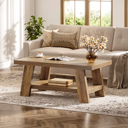 LITTLE TREE Farmhouse Coffee Table, Rustic Coffee Tables for Living Room, 47.24" Rectangular Wood Living Room Tables, 2-Tier Center Table with Storage for Apartment, Bedroom, Office
