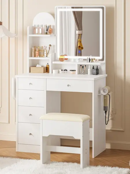 Summer Vibes LIKIMIO Vanity Desk with Mirror & LED Light, Makeup Vanity Table with 5 Drawers, Power Outlet, and Vanity Stool, 3 Lighting Colors, Dressing Table for Bedroom