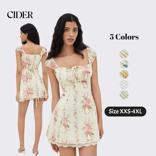 Cider Square Neck Floral Knotted Mini Dress Garden Vaction Womenswear