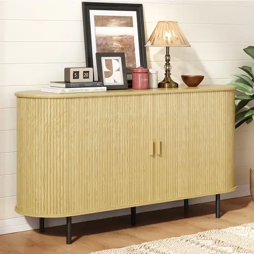 【FallDealsForYou】ONBRILL 55" Sturdy Modern Wood Farmhouse Sideboard Storage Cabinet - Slim Sofa-Side Fit, Rounded Edge Safe, 2 Drawers, Sliding Doors, Adjustable Shelf, Wall-Fixer Security for Hallway, Living Room (Assembly Required)