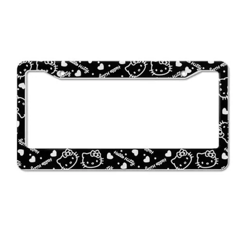 Sanrio Hello Kitty Full Print License Plate Holder Black Background with White Hearts and Kitty Faces Design