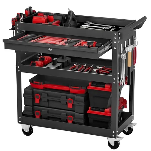 VEVOR Heavy Duty 4-Tier Carbon Steel Lockable Tool Cart with Brake-Lock Wheels, 350lb Load Capacity, Trays + Drawer, EVA Pad, Pegboard & Hooks, Construction Tool Organizer for DIY Lovers, Black Garage Storage