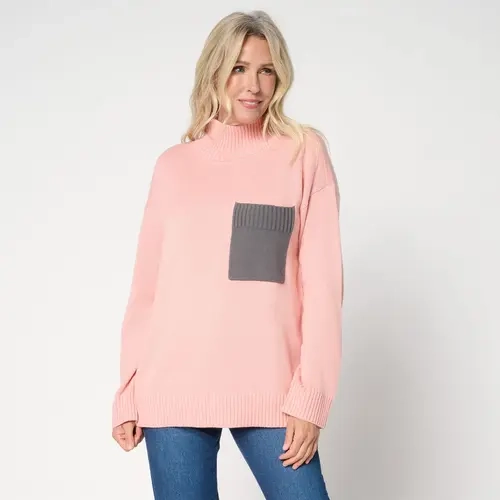 Peace Love World Cotton Turtleneck Color Block Pocket Sweater