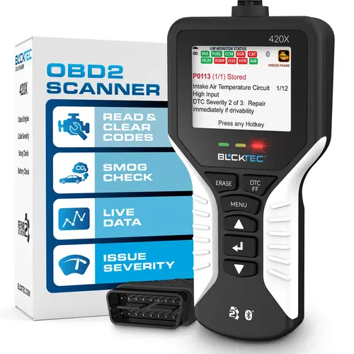 BLCKTEC 420X Plug-and-Play OBD2 Scanner Diagnostic Tool - 2.4in, Battery/Alternator Tests, Reads Codes, Severity Levels, Clears Check Engine Light, Multi-Language (English,Spanish,French) for 1996+ OBD2 Vehicles with Bluetooth iOS & Android App