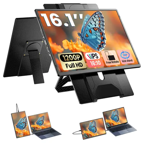 Cevaton 16.1" Portable Monitor for Laptop, Laptop Screen Extender, 1200P Second Screen with 360° Rotation Stand, Adjustable External Display for Work, Study, Gaming, USB-C/HDMI Connection, Monitor Only