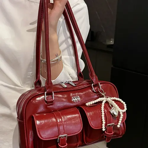 Niche retro patent leather double pocket pearl pendant handbag shoulder bag, Fashionable Versatile Purse, Casual Trendy Purses, casual shoulder bag, solid color and multiple colors optional, for daily commuting, shopping and dating #GLOBAL PICKS