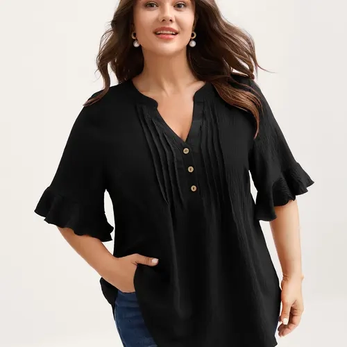 BloomChic Toothpick Pleats Ruffled Sleeve Solid Blouse 【M-6XL】