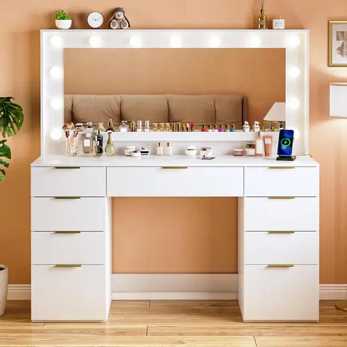 Vanity Desk with Large Mirror and Lights, 45.3in Makeup Vanity with Power Outlet 9 Drawers & Storage, 3 Lighting Color Adjustable, Black