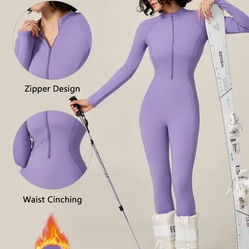 TIMEOFF Women's High Neck Long-Sleeve Warm Fleece Full Length Athletic Jumpsuit - Stretchy High-Elastic Body-Sculpting Zip-Up Casual Sporty Fitness Yoga Winter Sports Clothing Set