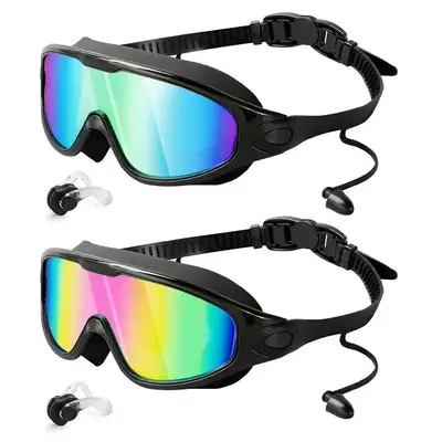 2 Pack Swim Goggles with Waterproof Earplugs & Nose Clip for Adults/Kids, Anti-Fog  Full-Coverage 180° Wide View Swim Goggles, Swim Glasses Swimming Accessories Bright Multicolor UV Lens, Fit Outdoorfun(2/1Pack) summerwins